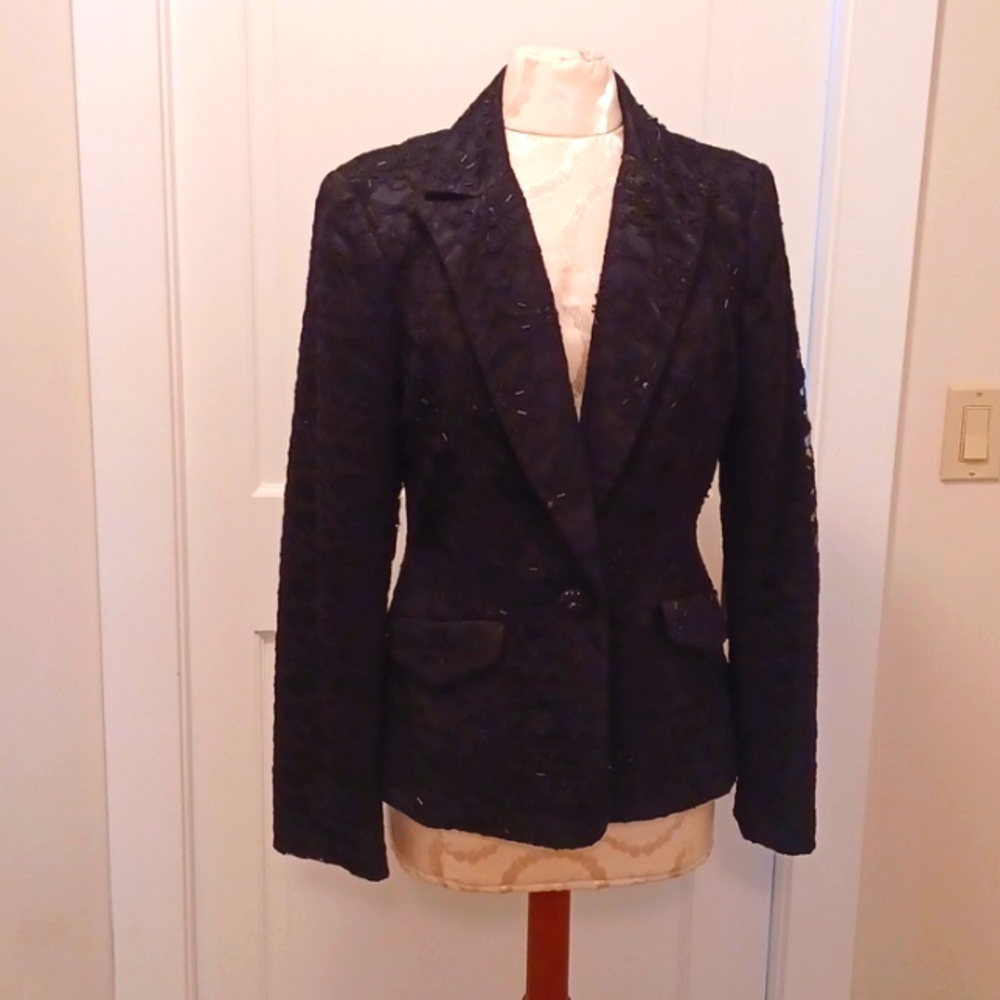Black Satin & Lace Overlay Blazer. Size 10.